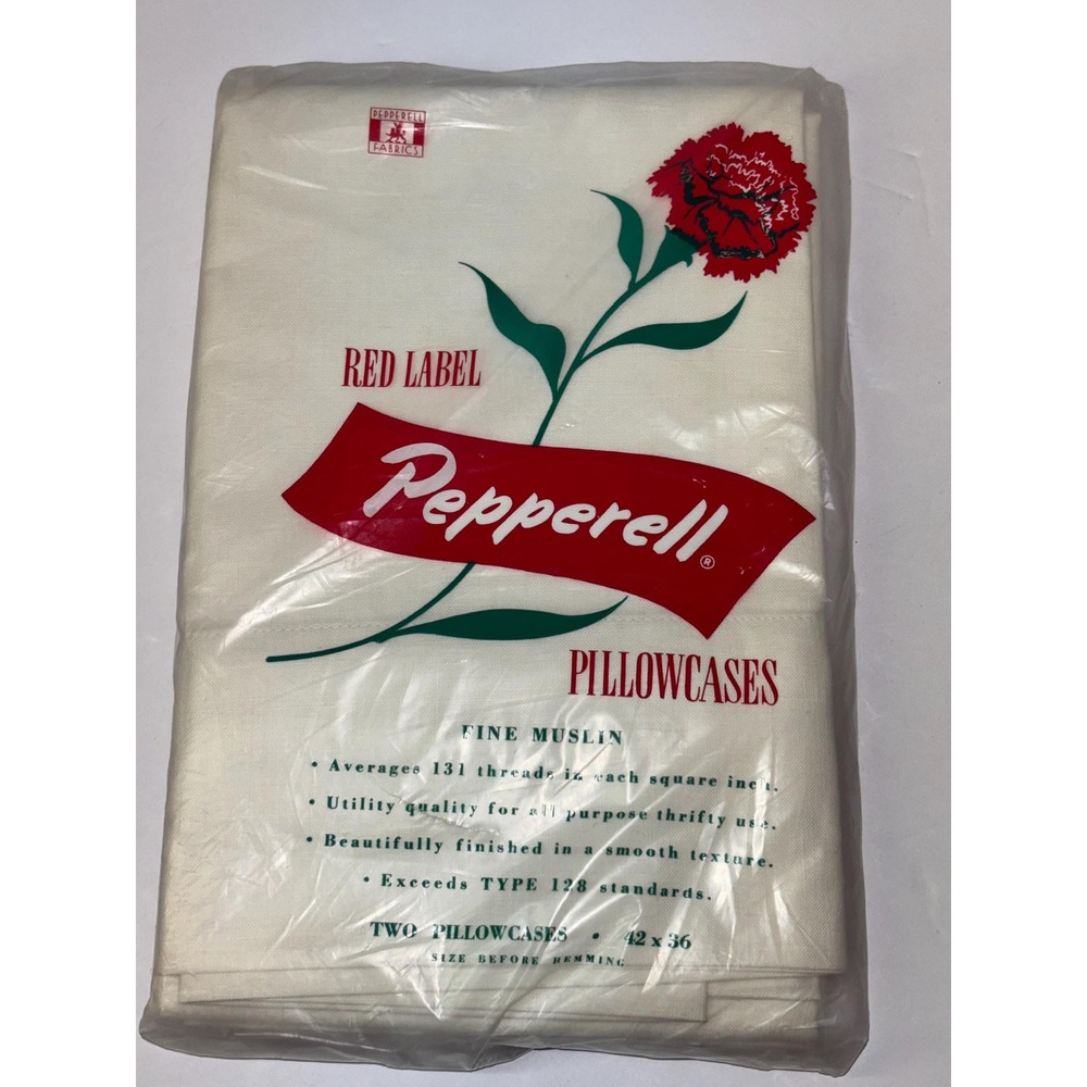 Vintage Pillowcase Set of 2 New Pepperell Red Label Muslin 42x36 White MCM